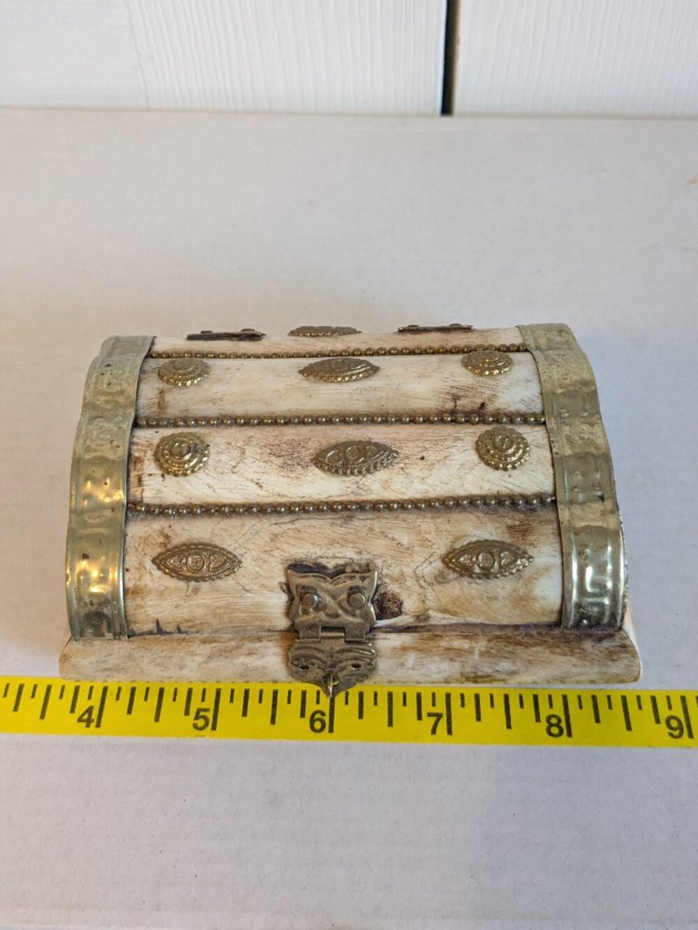 Vintage Camel Bone Brass Hinged Arched Lid Trinket Velvet Lined Jewelry Box